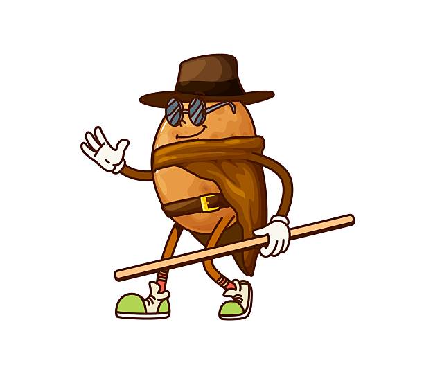 Cartoon groovy potato cowboy, sheriff and bandit vegetable character. Isolated vector ripe raw tuber personage in western hat and sunglasses holding a stick. Farm healthy food, wild west defender