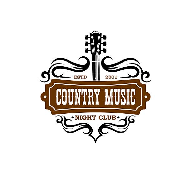 Country music guitar icon for night club emblem or Western bar concert, vector badge. Country music icon of guitar and Western cowboy or saloon banner sign in ornate frame for country music nightclub