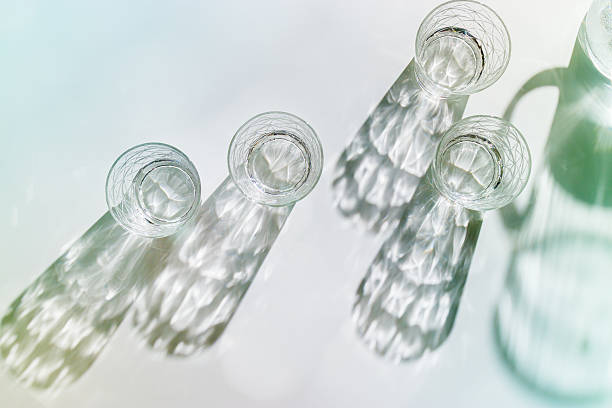 istock Water Glasses and water jug with Shadows and sunlight Reflection on white background, colored photo minimal style, aesthetic summer still life, refraction throug crystal shine cups, caustics 2212672384