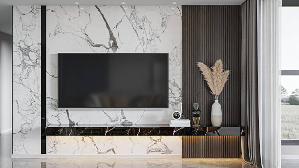 istock Modern TV Wall with Marble and Wood Paneling 2212672857
