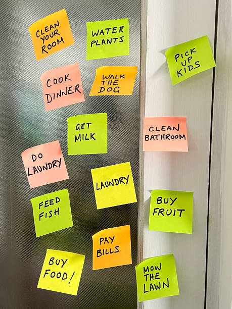 istock Image of sticky notes on door / to-do list, stickies, sticky notes, reminders, messages, post-its for organizing tasks, daily chores, home management 2212672897
