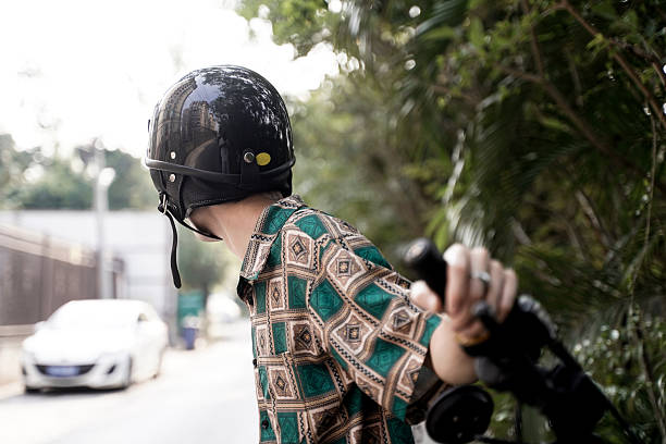 Vintage motorcycle helmet on a motorcycle