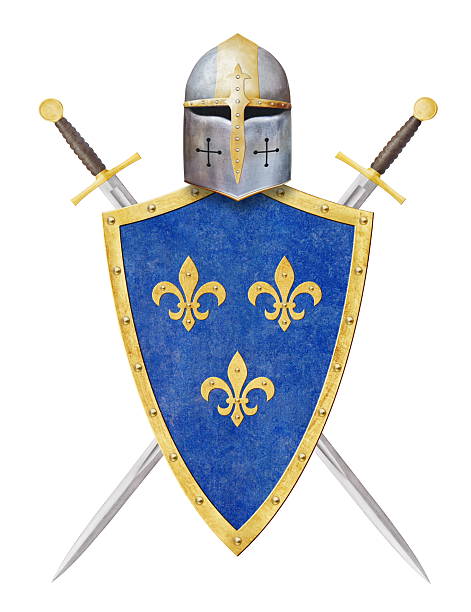 knight's helmet blue shield decorated with golden heraldic lilies and two swords isolated on white
