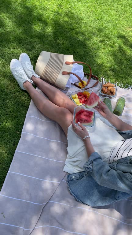 Woman relaxing on picnic blanket enjoying fresh fruit and smoothie outdoors