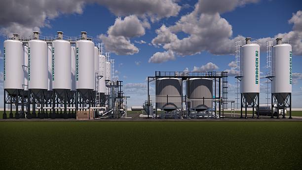 istock 3D rendering Hydrogen Refuelling Station.Renewable Clean Gas Storage Tanks of Hydrogen .Net zero concept. 2212683535