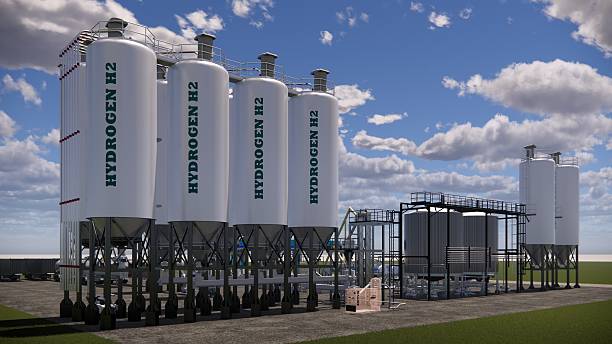 istock 3D rendering Hydrogen Refuelling Station.Renewable Clean Gas Storage Tanks of Hydrogen .Net zero concept. 2212683585