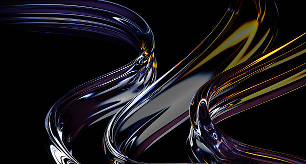 istock Abstract black 3d background wallpaper with liquid glass transparent tapes wave lines render. Chromatic fluid flow, water curve shapes with neon light effect and holographic gradient 2212684053