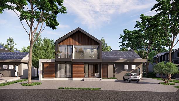 istock 3d renders of sustainable houses.Home with solar panel.Side view of a large solar panel on a rooftop 2212685708
