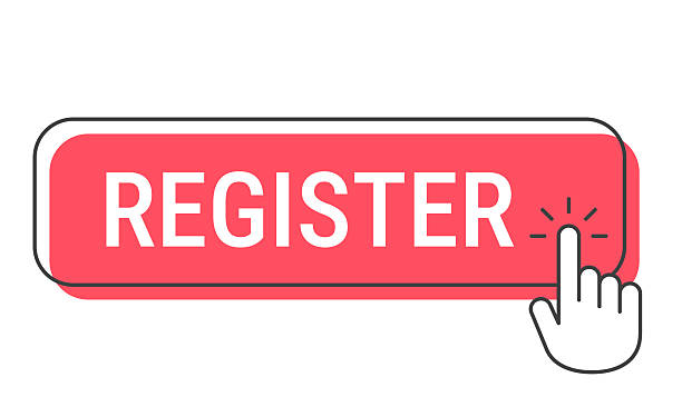 Register - Click button with hand cursor on white background Register. Click here button with hand click for your own design, isolated on a blank background. The button is red with the white text and a black frame. Trendy button in a flat design style. Vector Illustration (EPS file, well layered and grouped). Easy to edit, manipulate, resize or colorize. Vector and Jpeg file of different sizes. voter registration stock illustrations