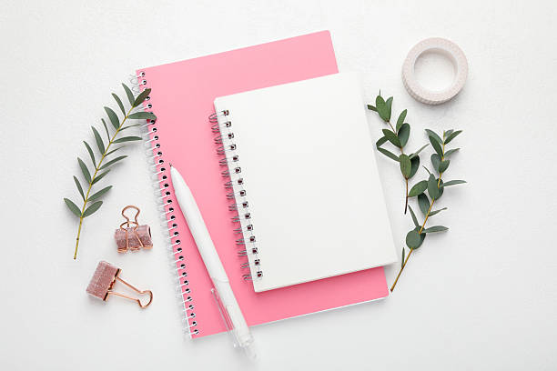 istock Binder clips, other stationery and green branches on white background, flat lay 2212694562