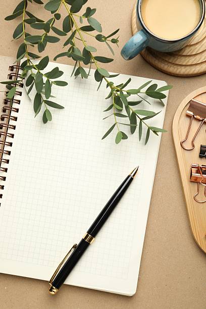 istock Binder clips, other stationery, coffee and green branches on beige background, flat lay 2212694603