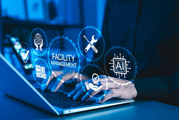 istock Facility Management and Digital Solutions Concept. Icons related to facility management, maintenance, AI, IoT, security, and optimization. integration of technology in managing facilities efficiently. 2212701113