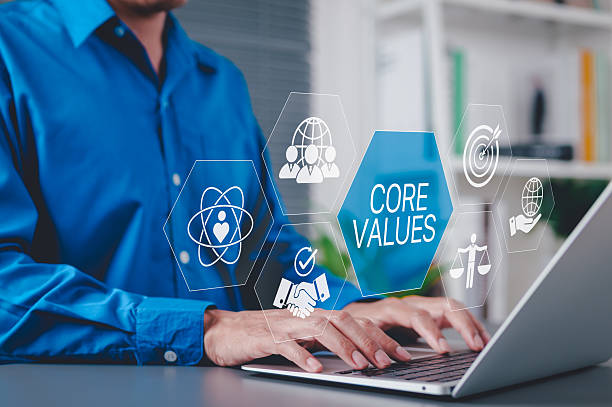 istock Core Values and Corporate Ethics Concept. Businessman using laptop with icons representing core values such as integrity, teamwork, ethics, company culture, principles guide, purpose, responsibility, 2212701118