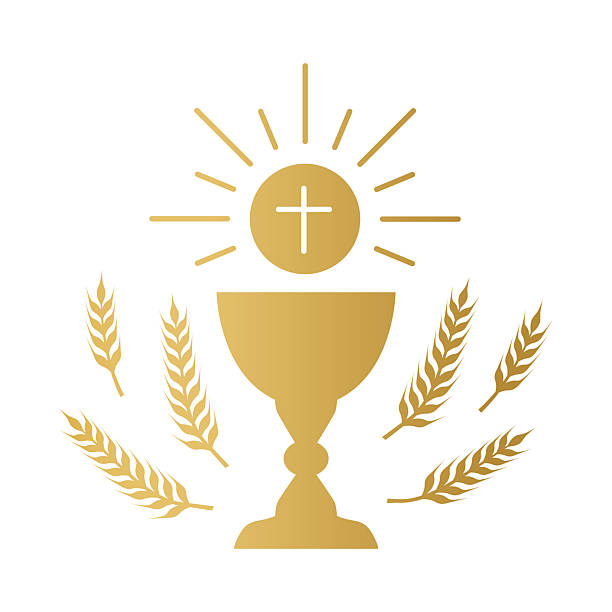 golden holy communion chalice and wheat ears; design element for first holy communion invitations and greeting cards golden holy communion chalice and wheat ears; design element for first holy communion invitations and greeting cards - vector illustration communion stock illustrations