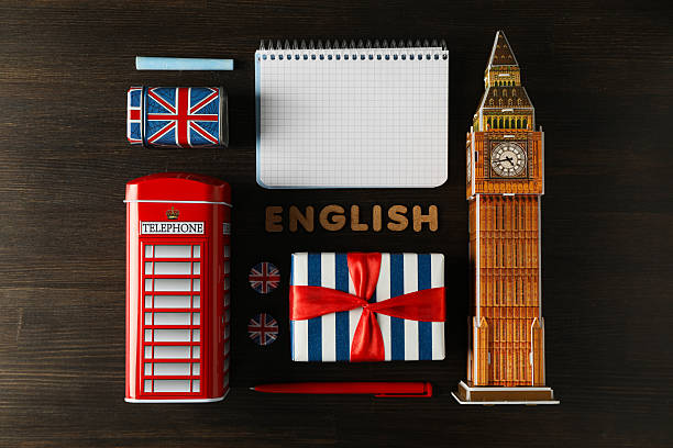 The concept of learning English, a notebook on a blue background.