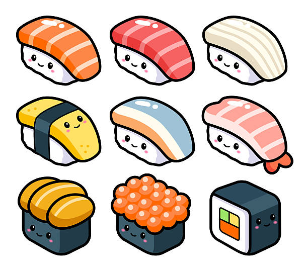 Cute Sushi Japanese Asian Kawaii Food Cartoon Vector Illustration Collection Cute sushi character with happy smile face in chibi cute colorful cartoon style cartoon of the sushi plate stock illustrations