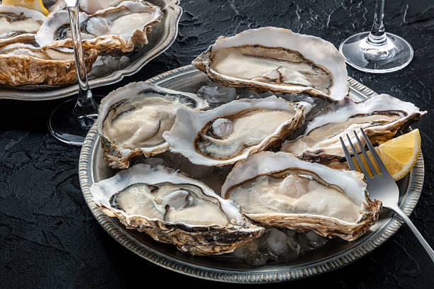 istock Fresh raw oysters on ice, overhead flat lay shot 2212706055