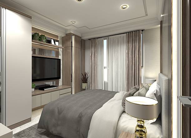 istock Modern 3D interior design of a bedroom with a comfortable bed and TV cabinet featuring panel decor and display shelves. 2212708512