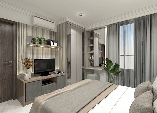 istock Contemporary 3D rendering of a bedroom interior featuring a vanity table with a mirror, a closet, a TV unit with drawers and shelving. 2212708526