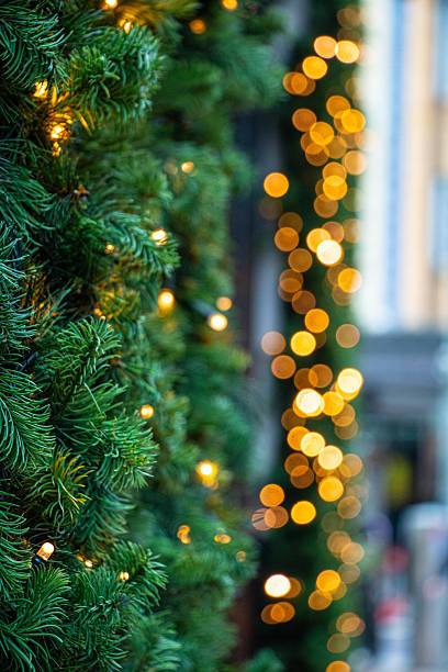 istock Christmas garland branches with lighting in foreground and blurred backdrop 2212710994