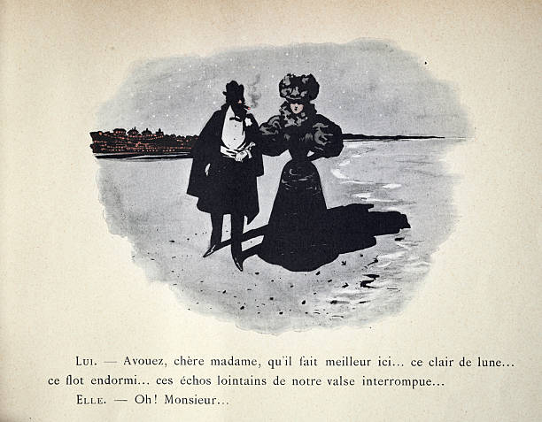 istock Victorian cartoon, Couple walking on a beach at night, under moonlight, French, 19th Century Vintage illustration art 2212711206