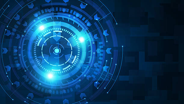 Target focus on blue background. Technology vision, digital business.
