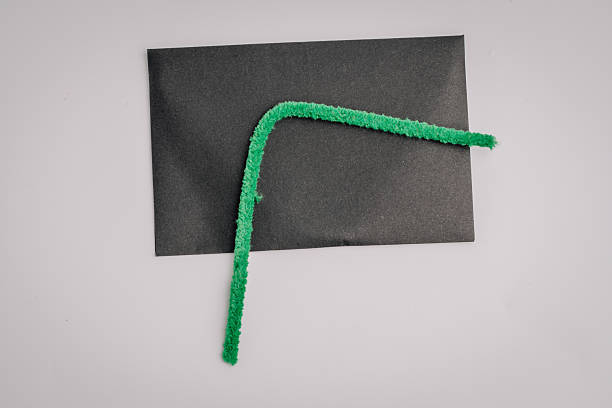 Green chenille stem (pipe cleaner) bent into a right angle on top of a black envelope, placed against a white background with copy space.