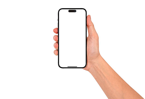istock Hand showing smartphone with blank screen isolated on white background. High quality studio shot. Concept for technology, business, finance and advertising. 2212715779