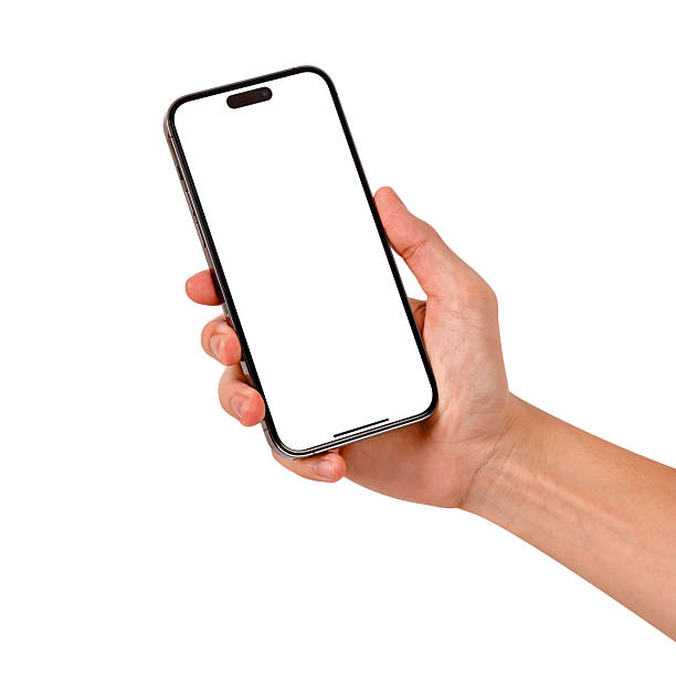 istock Hand showing smartphone with blank screen isolated on white background. High quality studio shot. Concept for technology, business, finance and advertising. 2212715782