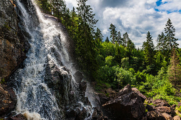 Powerful water tumbles over rocks, surrounded by dense trees and vibrant foliage in a picturesque rural area of Sweden. This natural wonder showcases the beauty of the outdoors.i