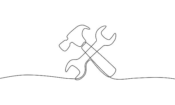 illustrazioni stock, clip art, cartoni animati e icone di tendenza di disegno a linee continue di strumenti di servizio su sfondo bianco. - ferramenta