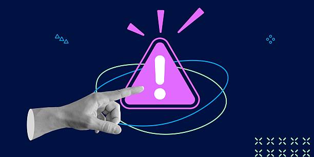 istock Hand pointing to purple warning triangle with exclamation mark, surrounded by abstract lines. Concept of caution and attention to important information. Minimalistic art collage 2212719232