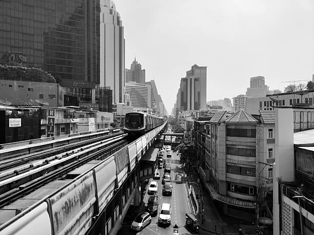 Bts Skytrain running over Sukhumvit road, Bangkok downtown, Thailand