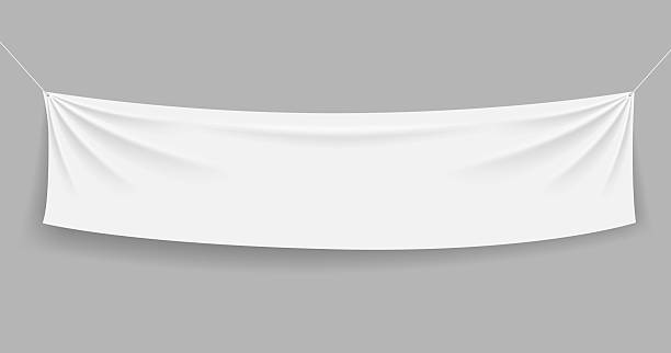 istock Fabric banner. Hanging white textile banner with rope. White canvas with folds. Blank horizontal mockup of poster isolated. Realistic advertising. Vector illustrator 2212722728