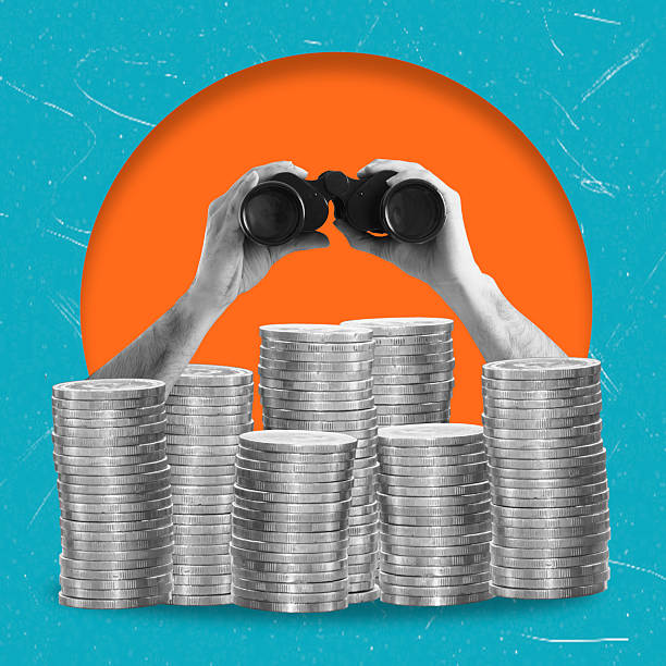 istock Modern art collage depicting stacks of coins and hands with binoculars. 2212723344