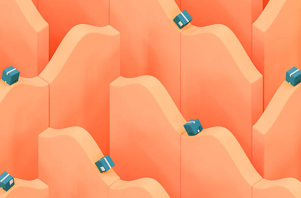 Artistic representation of delivery boxes arranged on a wavy teal surface, symbolizing continuity and modern shipping methods. Design created in 3D.
