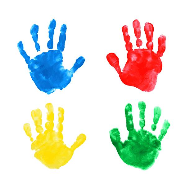 istock Set of multicolor children's handprints. Vector illustration of chilren's palms on white backgound. International Children's Day 2212724555
