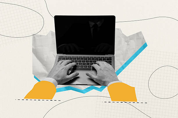 istock Composite photo collage of hands type macbook freelance concept screen reflection business human formal suit isolated on painted background 2212725514