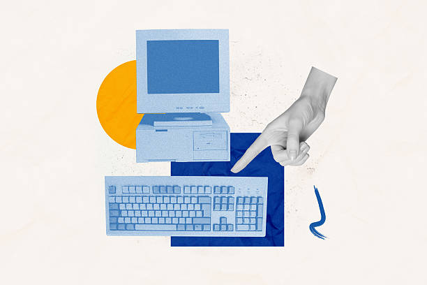 istock Composite artwork collage of blue color old computer monitor retro technology keyboard hand appear finger point touch press button 2212725689