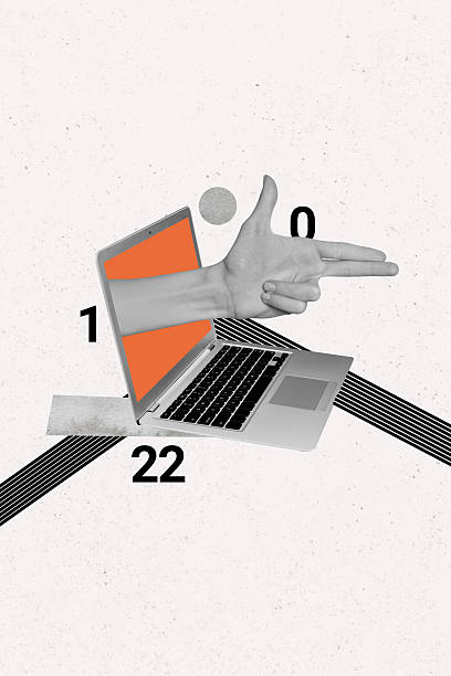 istock Vertical poster collage laptop digital device internet online user hand gesture shoot pistol screen virtual psychedelic concept 2212726925