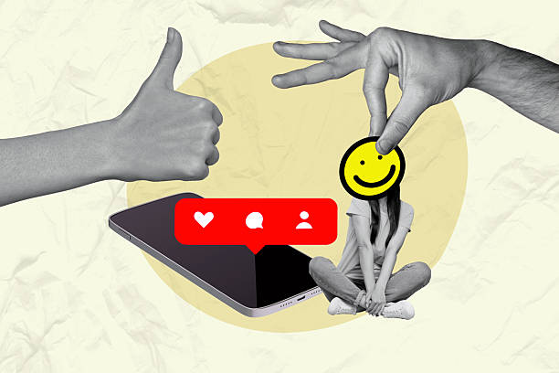 Creative collage image young headless girl emoticon smiling comics thumb up smartphone blogging feedback addicted user smm