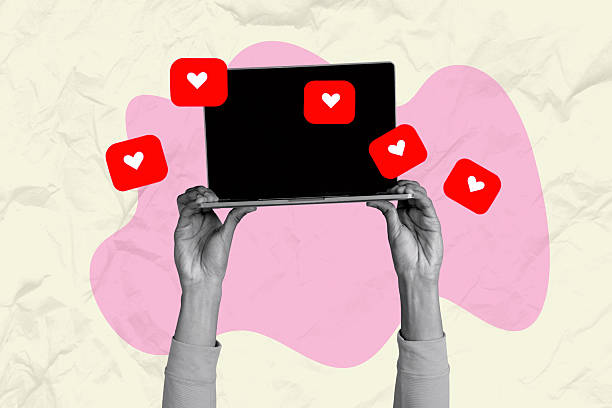 istock Composite photo collage of hands hold macbook device modern technology likes reaction blogging concept isolated on painted background 2212727335
