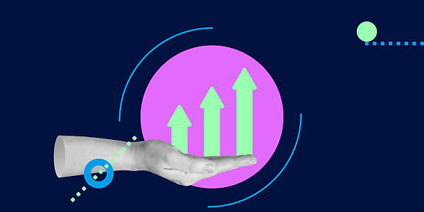 istock Hand holding three upward-pointing arrows, surrounded by abstract lines and dots. Concept of growth, progress, and positive change. Minimalistic art collage 2212728765