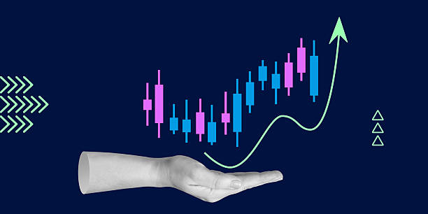 istock Hand supporting candlestick chart with upward-trending line, indicating growth and financial success. Concept of investment analysis and market performance. Minimalistic art collage 2212728778