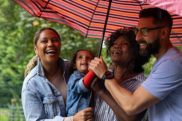 A medium shot of a loving family huddling closely under a large umbrella, sharing warmth and laughter as they shield themselves from a gentle rain. With the parents protectively holding the child and smiling through the weather, the moment captures the joy even on a rainy day. \n\nVideos are available similar to this. scenario.