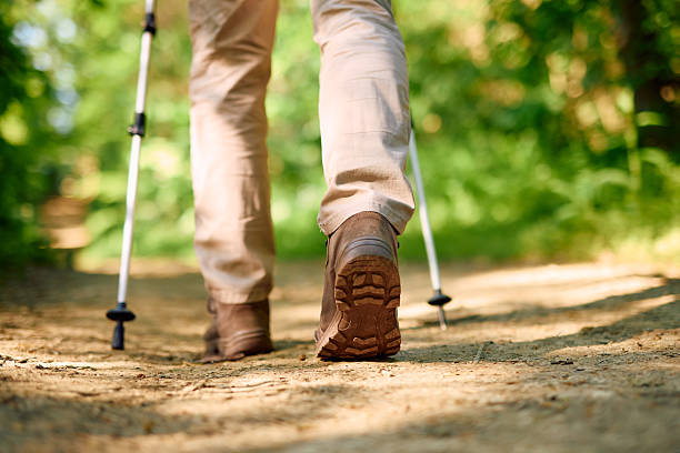 istock Hiker walking on a path in the forest using trekking poles 2212731421