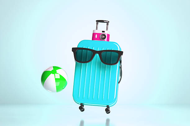 Suitcase Beach Accessories And Summer Holiday. Vacation concept.