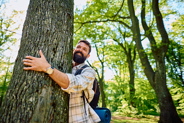 istock Happy hiker hugging a tree in the forest, embracing nature 2212740113
