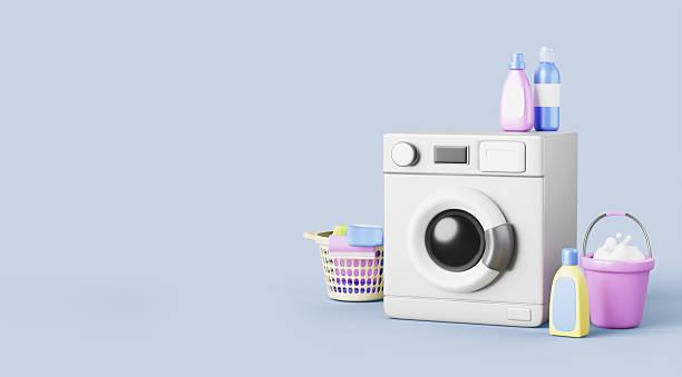 istock Laundry service advertising background with washing machine, detergent bottles, dirty clothes in basket, soap foam bucket. Render banner template of public launderette room, washhouse 2212744646