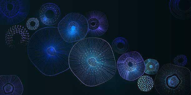 An abstract underwater microcosm. Creative design for web design, presentations on neural structures, microcosm research, space research. Vector illustration Abstract micro and macro elements on dark blue background. Creative design for sci-fi posters, digital art, presentations, space design, smartphone wallpapers. Vector illustration glow in the dark hearts background stock illustrations